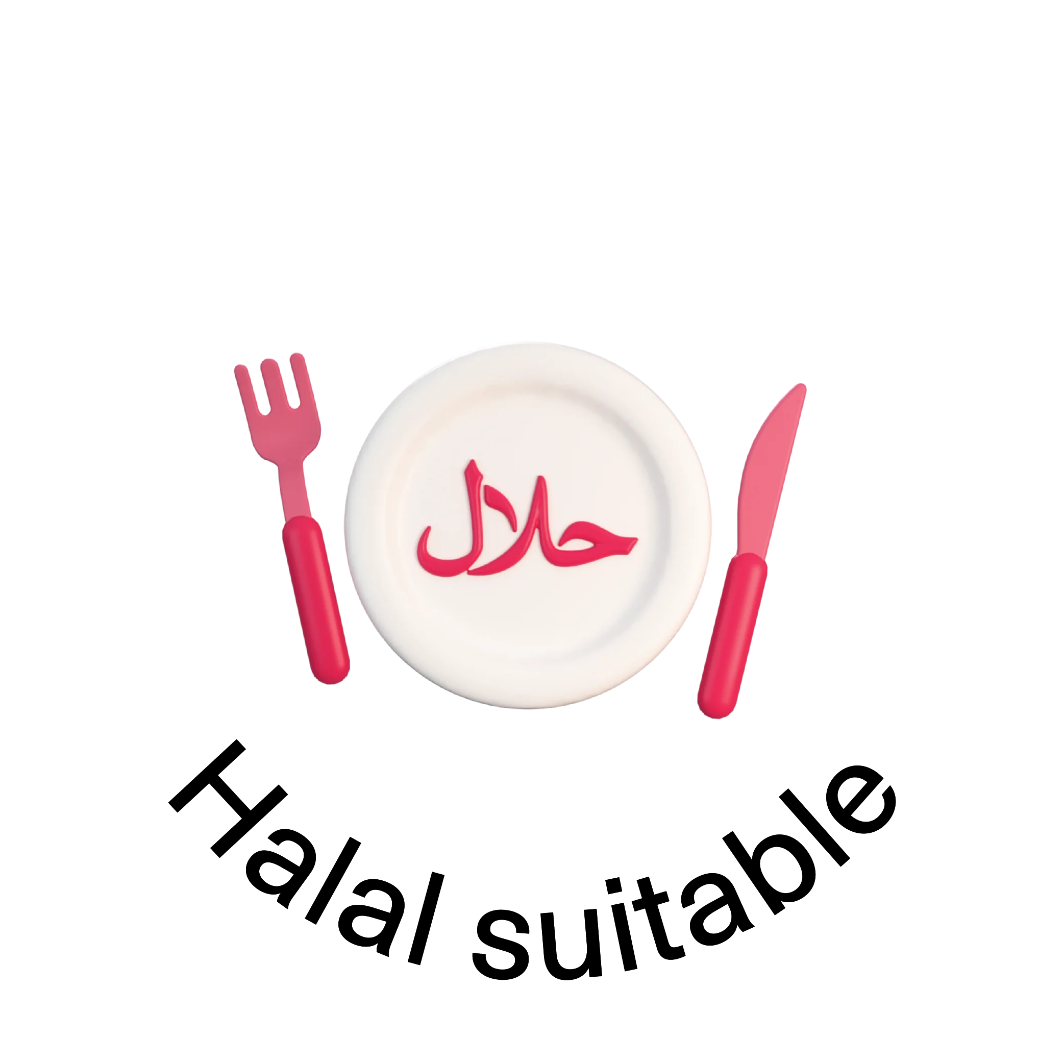 The image features a white plate with the word "????" (halal) written in red in the center. Accompanying the plate are a pink fork and a pink knife positioned on either side. The background is black.
