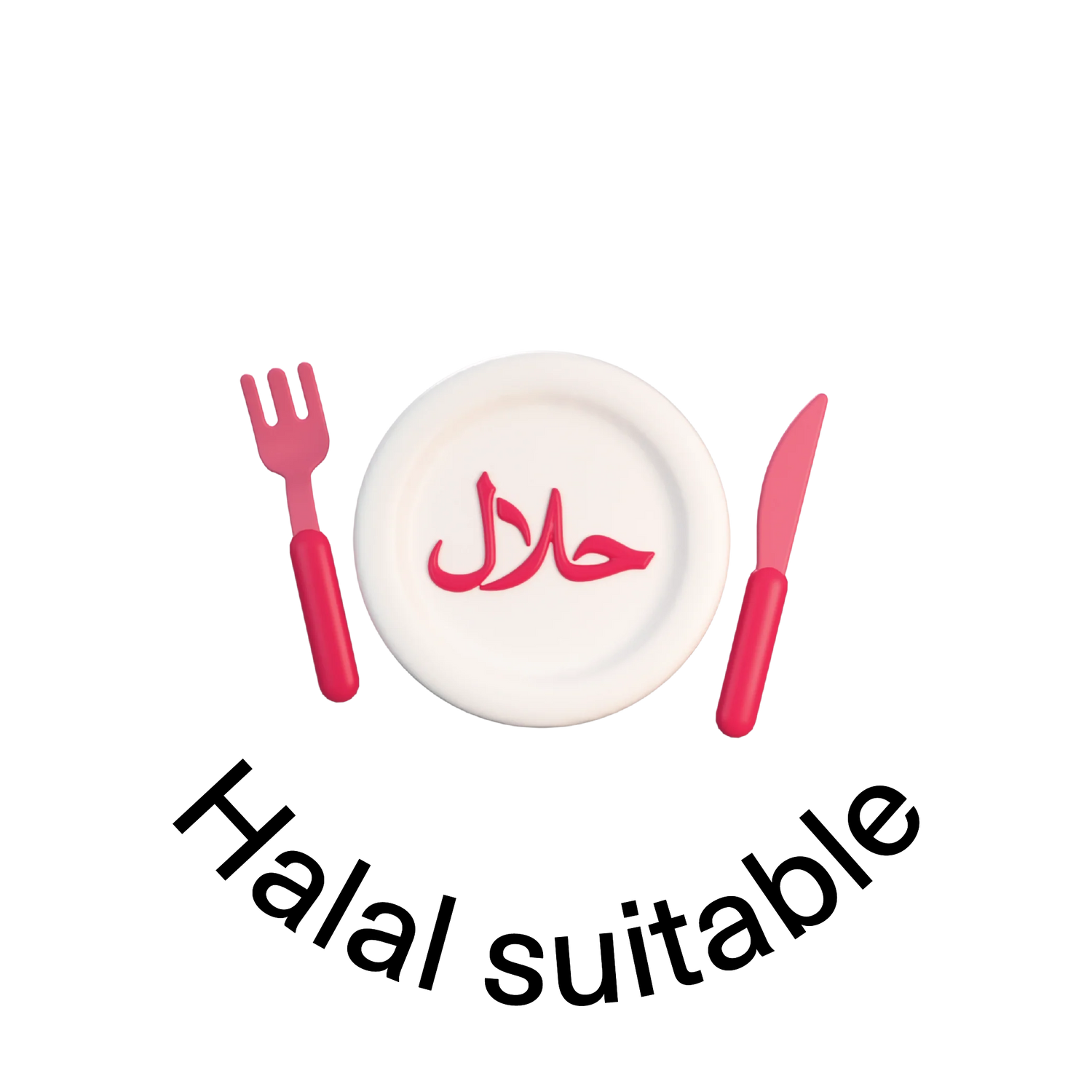 The image features a white plate with the word "????" (meaning "halal" in Arabic) prominently displayed in pink. Accompanying the plate are a pink fork and a pink knife, arranged to the left and right of the plate, respectively. The background is black.
