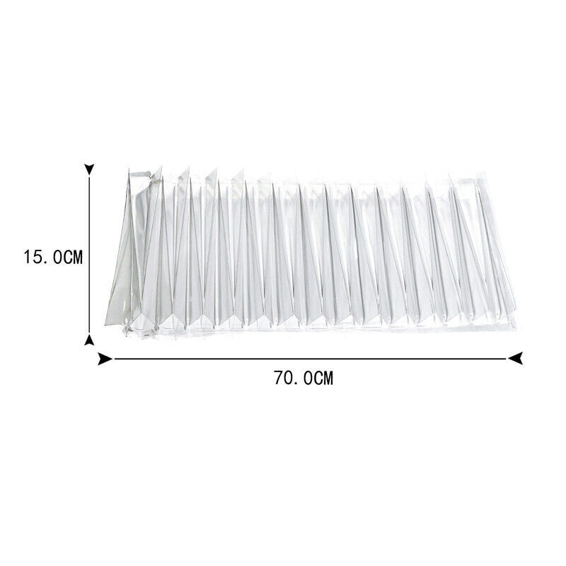 A transparent origami mold is shown in the image, featuring multiple folding sections that create a zigzag pattern. The mold measures 70 cm in length and 15 cm in width, making it suitable for various crafting projects. The clear material allows visibility of the contents inside.