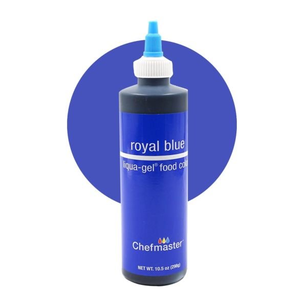 A bottle of "Royal Blue" liqua-gel food color in a blue container. The label features the brand name "Chefmaster," product name "royal blue," and details about the product. The bottle has a blue dispensing cap and is set against a solid blue circular background. The net weight is indicated as 10.5 ounces (298 grams).