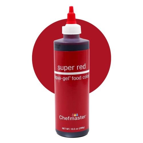 A bottle of food coloring labeled "super red" is displayed against a red circular background. The bottle is dark red and white, featuring a dispensing nozzle at the top. It is labeled as "Chefmaster" and provides a net weight of 10.5 ounces (298 grams), with the text highlighting that it is an "aqua-gel® food color."