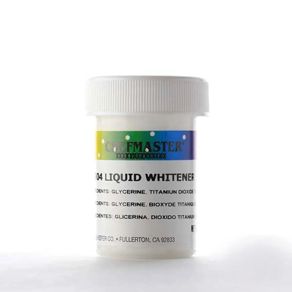 An opaque white container with a screw-top lid, labeled "Chefmaster 04 Liquid Whitener." The label features text that outlines the ingredients: glycerine, titanium dioxide, and bioxyde titanium. The container has a colorful design, with a gradient rainbow strip near the top. The bottom of the label includes ?Glicerina, Dioxidó Titanium? in Spanish and the manufacturer&