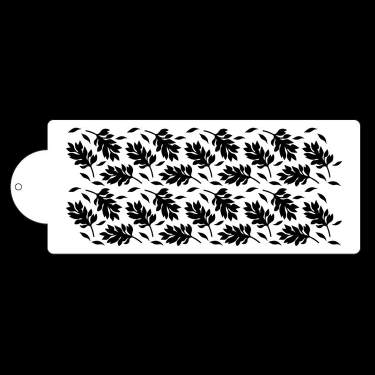 The image features a cake stencil with a design of repeating black leaf patterns. The stencil has a rectangular shape with a rounded hole on one side for easy handling. The intricate design consists of various leaf shapes arranged in a symmetrical pattern, suitable for decorating cakes or pastries. The background is plain, enhancing the visibility of the stencil design.