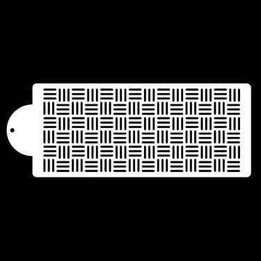 The image shows a rectangular cake stencil with a patterned design. The stencil has a rounded end with a hole for easy handling. The pattern consists of a grid of intersecting lines and shapes, creating a textured appearance. The background is black, making the white stencil design stand out clearly.