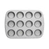 A 12-cup mini muffin and cupcake pan, made of metal with a non-stick surface, featuring 12 circular depressions arranged in two rows of six. The pan has a smooth, light gray finish and rounded edges.