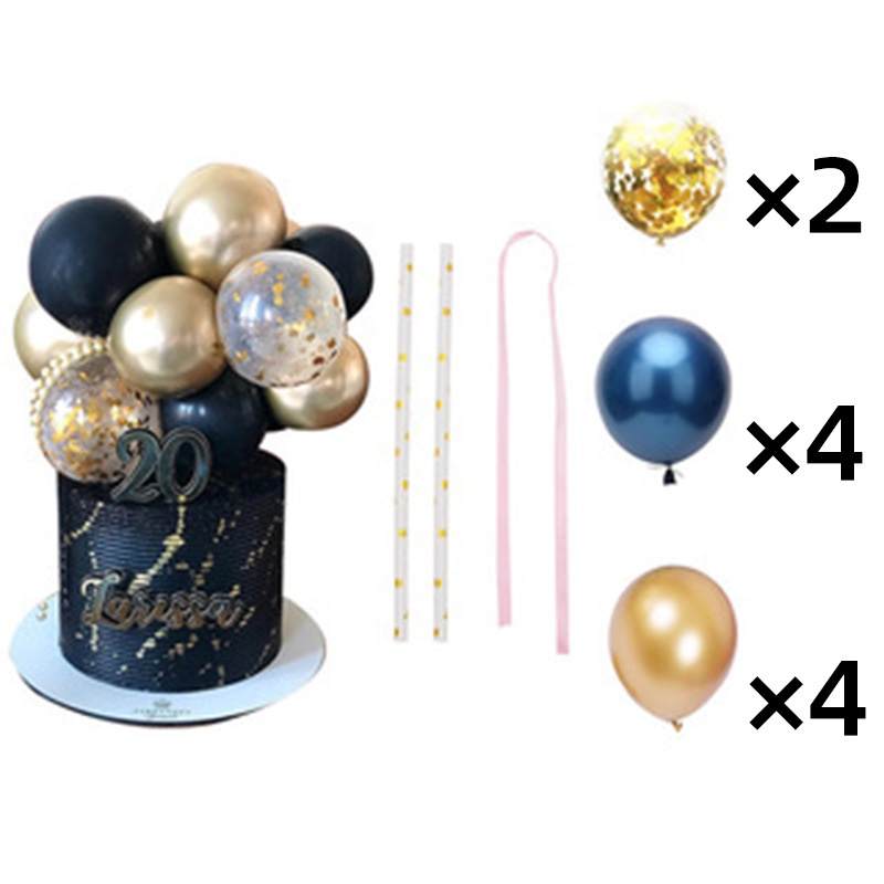 A decorative cake topper set featuring a black and gold themed arrangement. The centerpiece includes a cluster of balloons in various colors, including black, gold, clear with confetti, and a deep blue, along with a "20" cake candle and the name "Larissa" on the cake. To the side, there are additional items: two gold confetti balloons, four deep blue balloons, four gold balloons, and two decorative straws with gold dots, along with a pink ribbon.