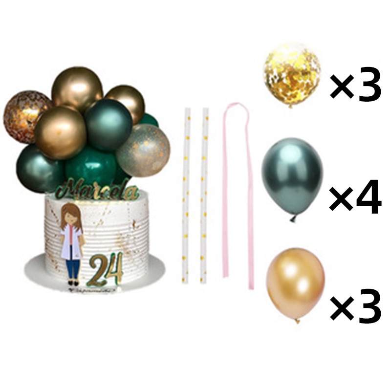A decorative cake topped with colorful balloons for a celebration. The cake features a number "24" and a character illustration. Above the cake, there are several balloons in different colors, including gold, dark green, and a confetti-filled balloon. Next to the cake, there are four additional balloons, three of which are gold, and a pink ribbon, along with two striped cake toppers. The total number of items is ten.