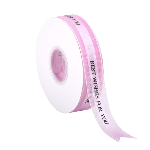 An image of a roll of ribbon with a width of 2.5 cm and a length of 5 yards. The ribbon is white with a shiny finish and features the text "BEST WISHES FOR YOU" printed in black on one side. The ribbon is wound around a white core, with a portion of it unspooled and cascading down the side.