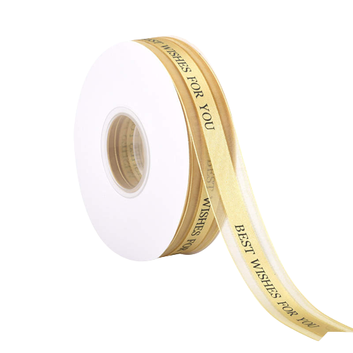A roll of ribbon featuring a white background with the text "BEST WISHES FOR YOU" printed in black. The ribbon is 2.5 cm wide and has a length of 5 yards. It is displayed on a circular spool, with a portion of the ribbon unspooled and draping to the side. The overall appearance is elegant and suitable for gift wrapping or decorative purposes.
