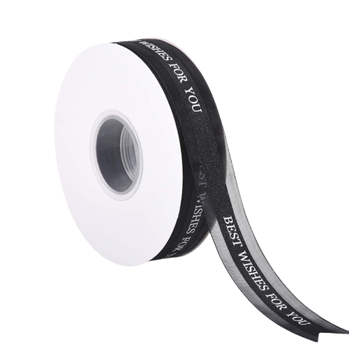 A roll of ribbon that is 2.5 cm wide and 5 yards long. The ribbon is white with the printed text "BEST WISHES FOR YOU" in black. The roll is displayed on a white background, showing part of the ribbon unspooled.