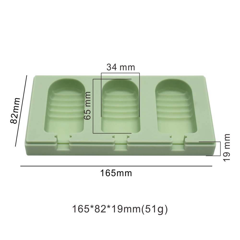 A green silicone mould designed for making half strip cakesickles with three cavities. The mould dimensions are labeled as 165mm in length, 82mm in width, and 19mm in height. Each cavity measures 65mm in length and 34mm in width. The mould features a smooth surface and ridged edges inside each cavity.