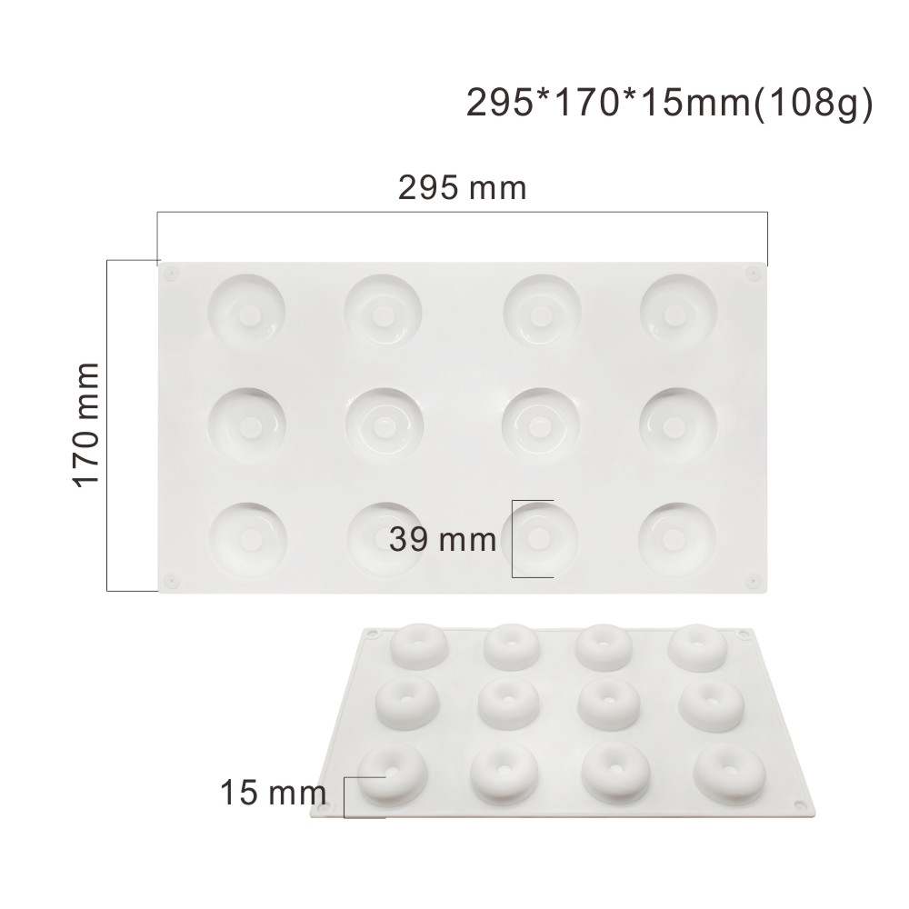 A white silicone mould for baking mini donuts, featuring 12 cavities arranged in two rows. The dimensions are labeled as 295 mm by 170 mm by 15 mm, with each cavity having a diameter of 39 mm. The mould is flat and has a smooth surface, suitable for easy release of baked goods.