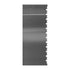 A stainless steel scraper blade featuring a flat edge on one side and a serrated edge on the other. The surface has a smooth, shiny finish, indicating its durable material. The scraper is vertically oriented in the image.