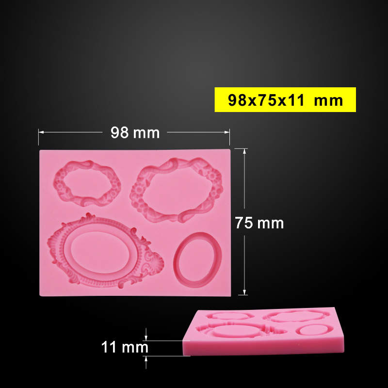 Image of a pink silicone mold designed for creating vintage mirror frames. The mold features various ornate frame shapes, including both oval and rectangular designs, displayed on a dark background. The dimensions of the mold are highlighted, measuring 98 mm in width, 75 mm in height, and 11 mm in depth. The mold is divided into sections, with some frames raised above the base level.