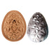 A silicone mould shaped like an egg is shown on the left, featuring a detailed diamond pattern in a light brown color. On the right, there is a finished product that appears shiny and metallic, showcasing the same diamond design. The two items are positioned side by side, highlighting the mould and the resulting shaped item.