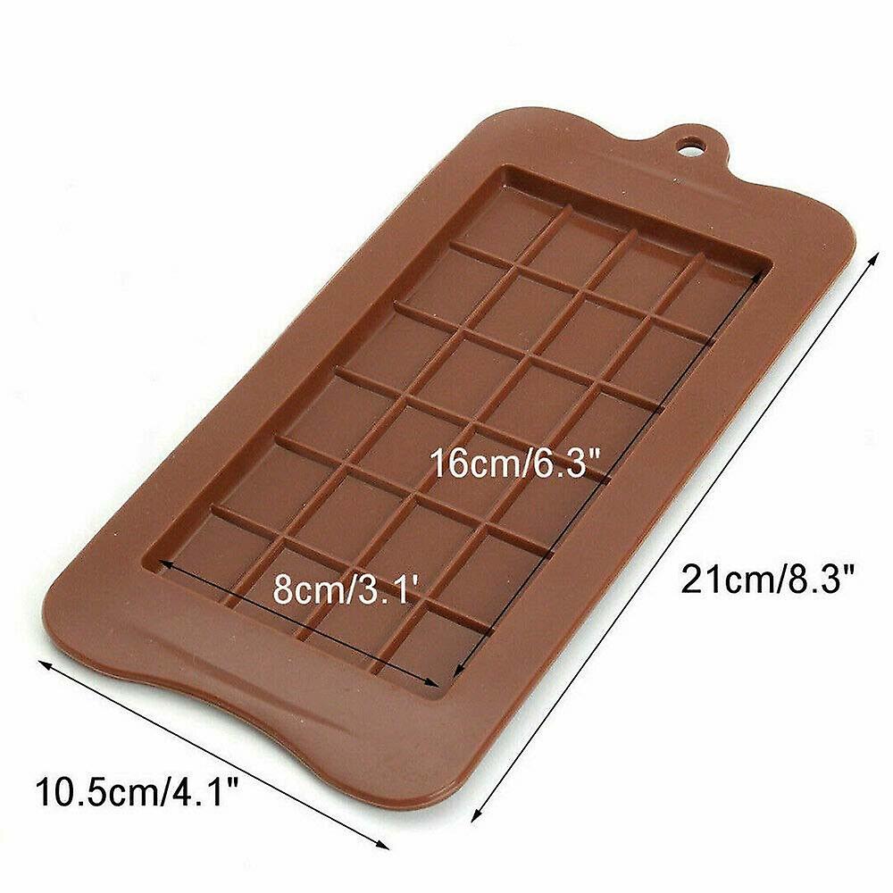 A brown silicone mould designed in the shape of a chocolate bar. The mould features a grid pattern to create individual chocolate pieces. Dimensions are marked on the image, indicating a length of 21 cm (8.3 inches) and a width of 10.5 cm (4.1 inches).