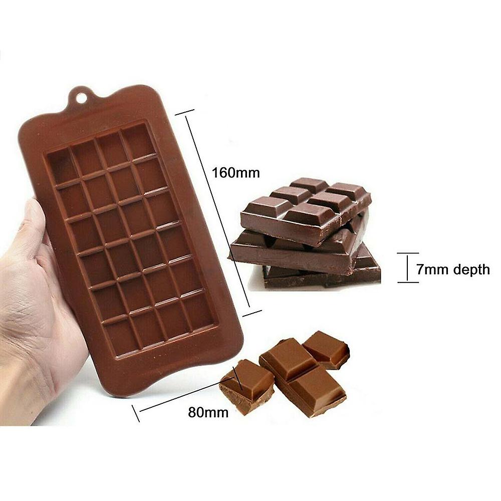 The image features a chocolate bar silicone mold held in one hand, showing a rectangular design with 15 square cavities for making chocolate bars. The mold is brown and has a total dimension of 160mm by 80mm and a depth of 7mm. Next to the mold, there are several chocolate pieces displayed, including a stack of three chocolate bars and some broken pieces. The overall presentation emphasizes the mold&