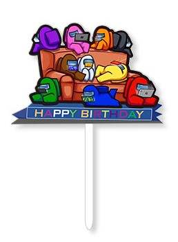 A colorful cake topper featuring several cartoon characters in different colors, resembling astronauts, sitting on a sofa. The characters include shades of pink, purple, red, yellow, green, blue, and orange. Below the characters, there is a banner that reads "HAPPY BIRTHDAY" in bold letters. The topper has a white stick at the bottom for easy placement on a cake.
