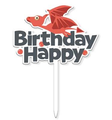 Image of a cake topper featuring a cartoon dragon with red wings and a playful expression. The words "Birthday" and "Happy" are prominently displayed in bold, playful fonts, with "Happy" positioned above "Birthday." The overall design is colorful and fun, suitable for a birthday celebration. The topper has a white stake for placement in a cake.