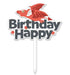 Image of a cake topper featuring a cartoon dragon with red wings and a playful expression. The words "Birthday" and "Happy" are prominently displayed in bold, playful fonts, with "Happy" positioned above "Birthday." The overall design is colorful and fun, suitable for a birthday celebration. The topper has a white stake for placement in a cake.