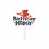 A colorful cake topper featuring the words "Happy Birthday" in bold letters. The word "Happy" is in black, and "Birthday" is in a playful red font. Above the text, there is an illustrated red dragon with wings outstretched. The whole topper is set on a white stick for insertion into a cake.