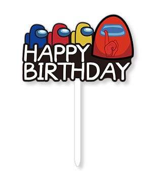 A cake topper featuring the text "HAPPY BIRTHDAY" in bold, playful letters. Above the text, there are three colorful characters in blue, yellow, and red, resembling cartoon figures. The red character is making a shushing gesture with one finger raised. The topper has a white stick for easy placement on a cake.