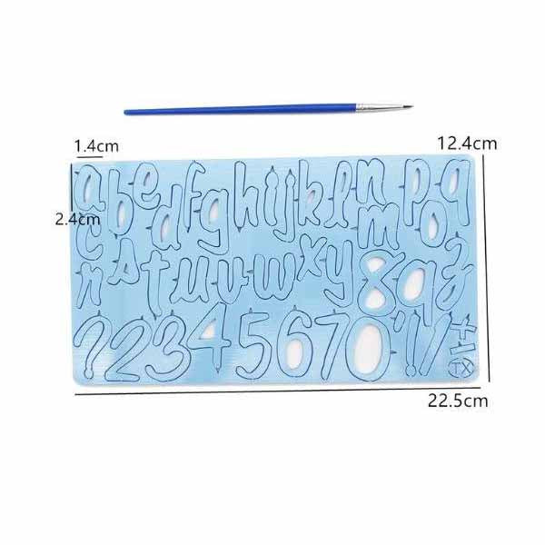 The image features a blue acrylic cake stamp with various letters and numbers. The stamp includes lowercase letters from &