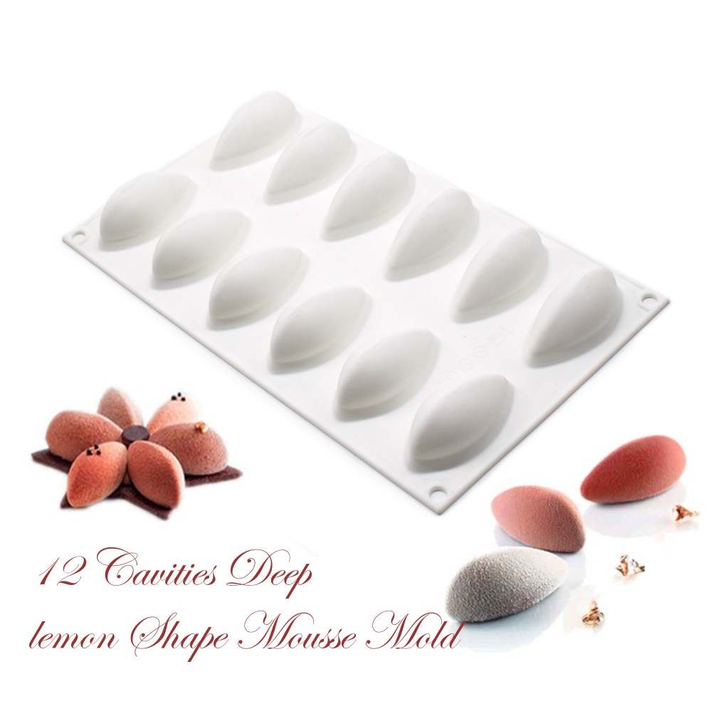 A white silicone mould featuring 12 deep cavities shaped like lemons, used for desserts. In the foreground, there are assorted mini desserts resembling pink and orange lemon-shaped mousse, along with decorative elements. The text at the bottom describes the product as a "12 Cavities Deep lemon Shape Mousse Mold."