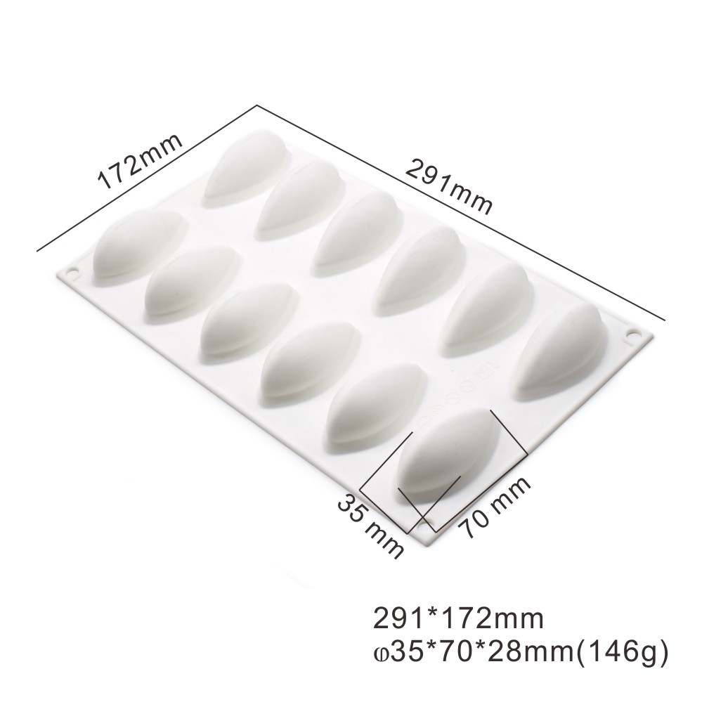 A white silicone mold designed for making quenelle-shaped desserts. The mold features twelve oval cavities arranged in two rows, with measurements indicated: the overall size is 291mm by 172mm, and each cavity measures 35mm by 70mm.