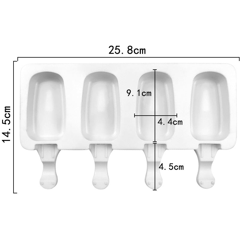 The image features a white silicone ice cream mold designed to create four cavity-shaped popsicles. Each cavity has a long handle for easy removal. The dimensions displayed include a width of 25.8 cm and a height of 14.5 cm, with individual cavity measurements indicating a depth of 9.1 cm and varying widths of 4.4 cm and 4.5 cm. The mold is simple in design and intended for making frozen treats.