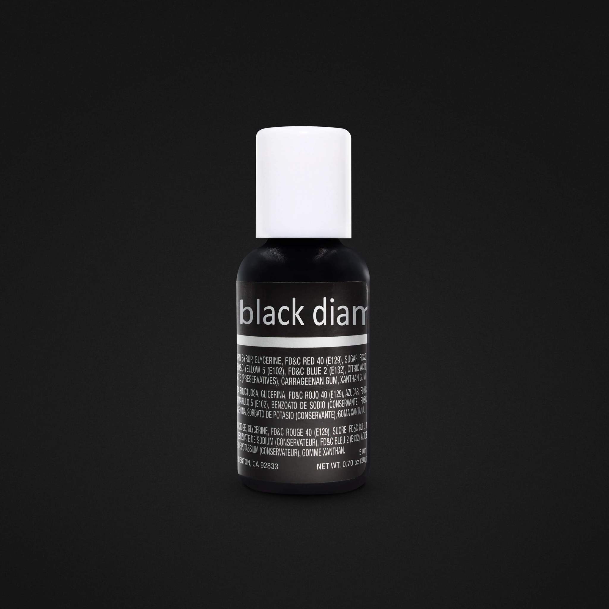 An image of a bottle of Chefmaster Liqua Gel Color in "Black Diamond" is displayed. The bottle is predominantly black with a white cap. The label features the name "black diamond" prominently, along with various ingredients and details printed in white text. The bottle contains 0.7 oz (20 ml) of the product. The background is a solid dark color, emphasizing the bottle and its label.