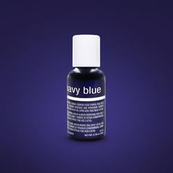 The image shows a bottle of Chefmaster Liqua Gel Color in navy blue, with a capacity of 0.7 oz (20 ml). The bottle has a white cap and features a label that indicates the color "navy blue" along with product information in smaller print. The background is a dark shade, enhancing the visibility of the bottle.
