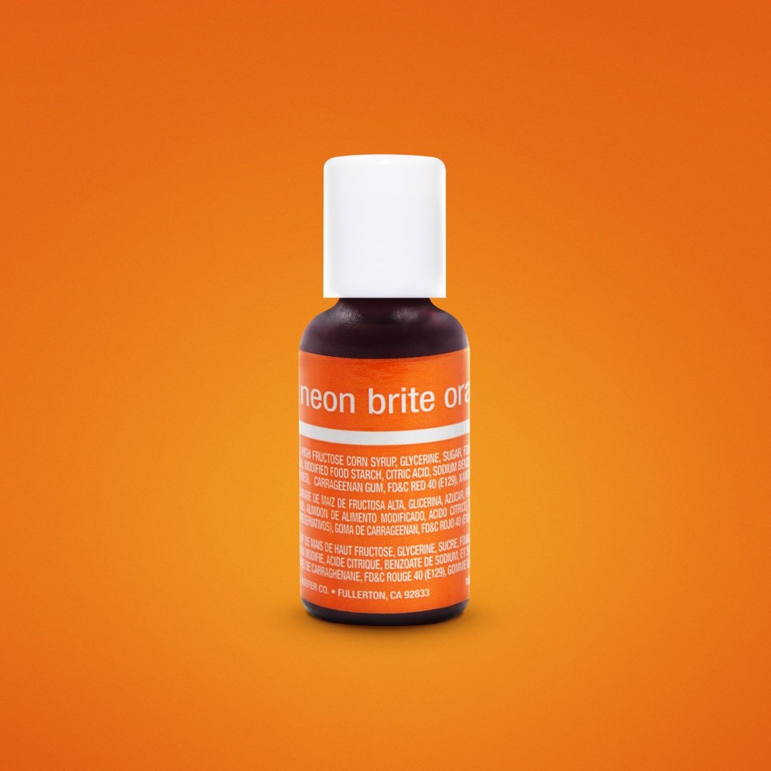 A bottle of Chefmaster Liqua-Gel Color in Neon Brite Orange, 0.7 oz (20 ml), is displayed against a vibrant orange background. The bottle has a white cap and features an orange label with the product name prominently shown along with ingredient information.