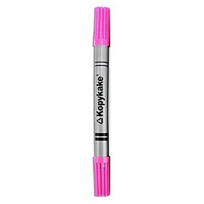 The image shows a Kopykake edible ink pen. The pen has a silver barrel with black accents, and the brand name "Kopykake" is printed on the side. Both ends of the pen are capped with bright pink caps. The pen is upright and centered against a white background. It is designed for use in edible decoration, typically for cakes and pastries.