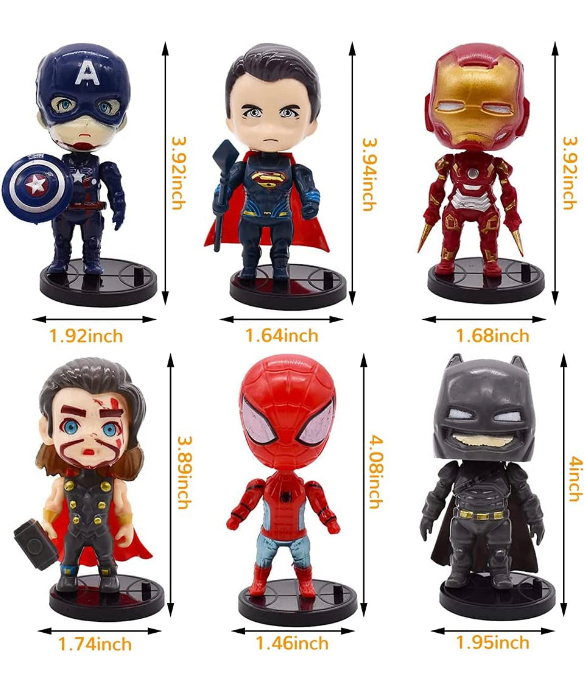 A collection of six mini cartoon superhero cake toppers displayed on a black base. The characters include Captain America (holding a shield, height 3.92 inches), Superman (with a cape, height 3.94 inches), Iron Man (in a red and gold suit, height 3.92 inches), Thor (with long hair and a hammer, height 3.89 inches), Spider-Man (wearing a red suit and blue jeans, height 4.08 inches), and Batman (in a black suit, height 4 inches). Each character is approximately 1.4 to 1.9 inches wide.