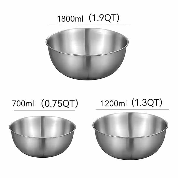 Three stainless steel mixing bowls are arranged in the image. The largest bowl, located at the top, has a capacity of 1800 ml (1.9 QT). The two smaller bowls below it have capacities of 700 ml (0.75 QT) on the left and 1200 ml (1.3 QT) on the right. Each bowl features a smooth, shiny surface typical of stainless steel.