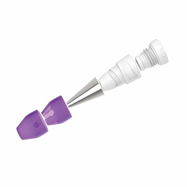 This image shows a 4-piece twist quick coupler set, which includes components for easy connection and disconnection. The set features two purple parts that resemble tips, a white connector with a twist mechanism, and a metallic nozzle. The pieces are designed to fit together securely for various applications.