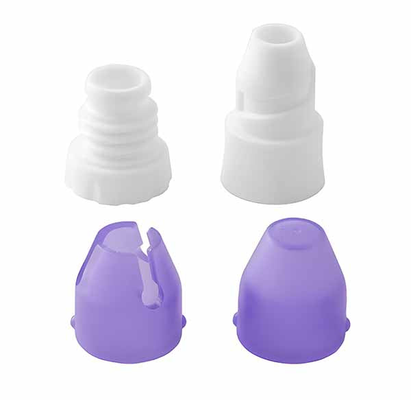 A 4-piece twist quick coupler set featuring two white couplers and two purple couplers. The white couplers are smooth with one having a small notch, while the purple couplers have a distinct shape with various edges and a cutout in one of them.