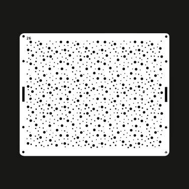 A white cake stencil featuring a design of variously sized black dots scattered across the surface. The stencil is rectangular with cut-out handles on the sides for easy handling.