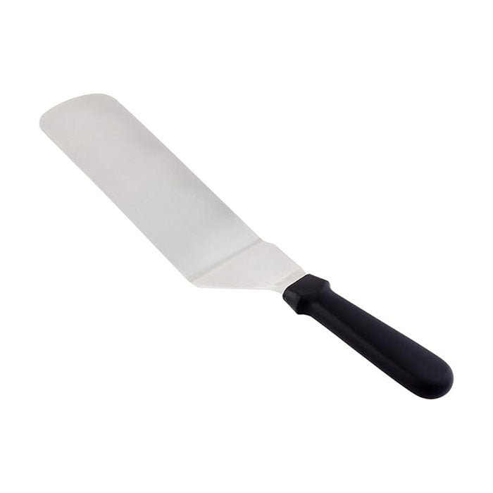 A stainless steel cookie spatula featuring a flat, wide blade and a black, ergonomic handle. The spatula is positioned on a white background.