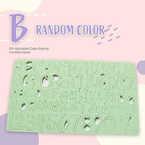 Image of a green silicone mold featuring lowercase letters of the alphabet, along with numbers 0-9. The letters and numbers are designed for use as stamps on cakes or fondant. The top of the image includes the text "B RANDOM COLOR" and "DIY Alphabet Cake Stamp Fondant Mold." The background is light and colorful.