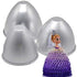 The image features three shiny silver doll cake pans shaped like inverted cones, which are used for making doll-shaped cakes. In front of the pans, there is a small doll wearing a tiara and a dress that fades from purple to white. The combination illustrates the cake-making process for creating a doll cake.