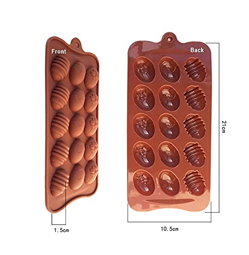 The image features a silicone egg mould with two sides displayed. The front side shows 15 cavities shaped like eggs and various decorative patterns, while the back side features a smooth surface with the same 15 cavities, showcasing the mould&