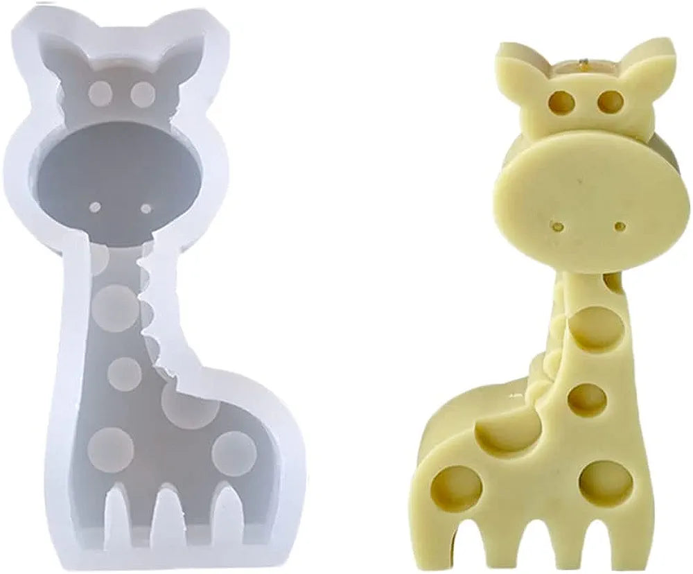 A giraffe-shaped silicone mould displayed alongside a yellow gelatin or candy giraffe figure made from the mould. The mould is white with a raised design featuring a giraffe?s head, spots, and body details, while the finished figure is smooth and solid, showcasing its distinct features, including spots and a rounded head.