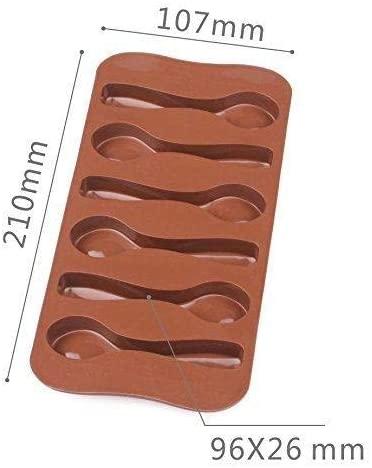 A brown silicone mould designed to create small spoon shapes. The mould features seven spoon-shaped cavities, each measuring 96mm by 26mm. The overall dimensions of the mould are 210mm by 107mm.