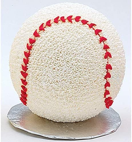 The image shows a spherical cake designed to resemble a baseball. The cake is predominantly white with textured icing, mimicking the surface of a baseball. It features red frosting detailing that represents the stitches of the baseball. The cake is displayed on a round silver cake board.
