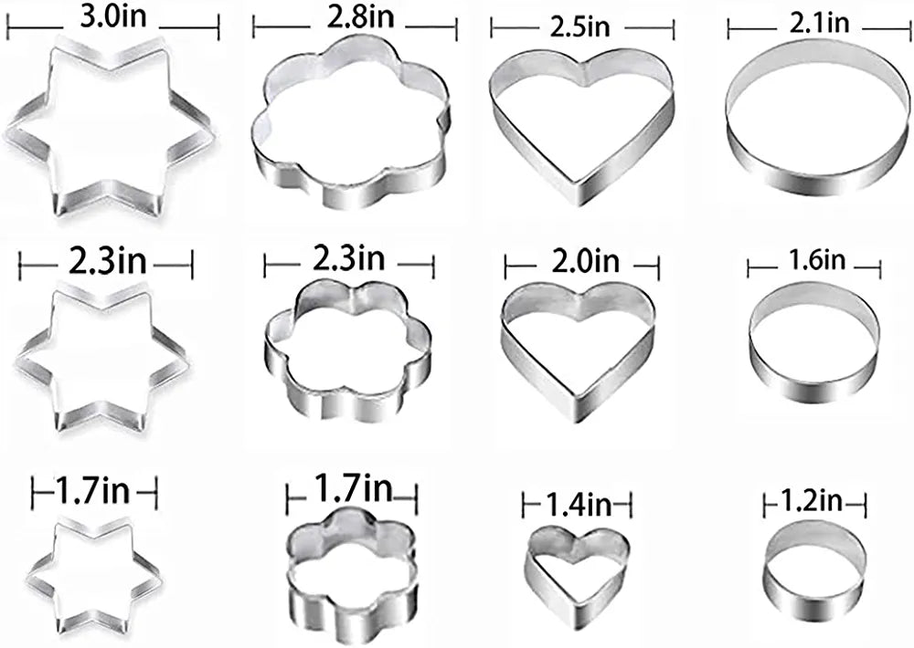 The image features a set of stainless steel cookie cutters arranged in a grid format. There are a total of twelve cookie cutters in various shapes and sizes. The shapes include stars, flowers, hearts, and circles, with the size of each cutter labeled next to it in inches. The largest cutter is a star measuring 3.0 inches, while the smallest is a circle measuring 1.2 inches. The cookie cutters have a shiny, metallic finish and are designed for cutting dough into decorative shapes for baking.