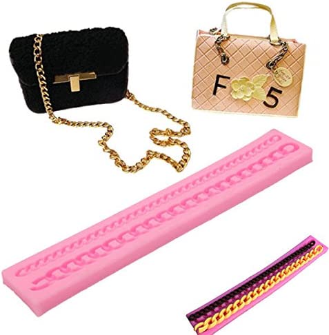 A pink silicone mould designed for creating bag chains is shown in the center. To the left, there is a small black handbag with a gold chain strap. To the right, there is a stylish pink handbag with a quilted pattern and a decorative flower. A smaller multi-colored chain is also placed at the bottom of the image.