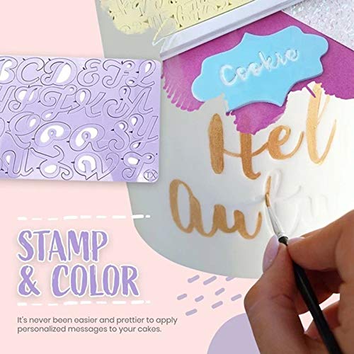 An image showcasing a product called "acrylic lowercase stamp." The product features a lavender-colored stamp with lowercase letters arranged in various styles. In the foreground, a hand is seen using a pen to apply color to a cake decorated with the stamped letters. The cake has a gold and pastel color scheme, with words like "Hello" and "Autumn" highlighted. The bottom text states, "STAMP & COLOR," emphasizing the ease of applying personalized messages to cakes.
