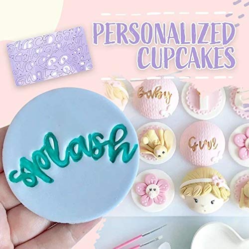 A close-up of a blue circular stamp with the word "splash" embossed in green, held in a hand. In the background, there are decorated cupcakes featuring pastel colors and various designs, with a banner that reads "Personalized Cupcakes" at the top.